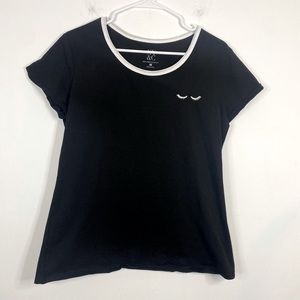 NEW YORK & COMPANY Black Short Sleeve Tee Shirt with White Eyelash Embroidery